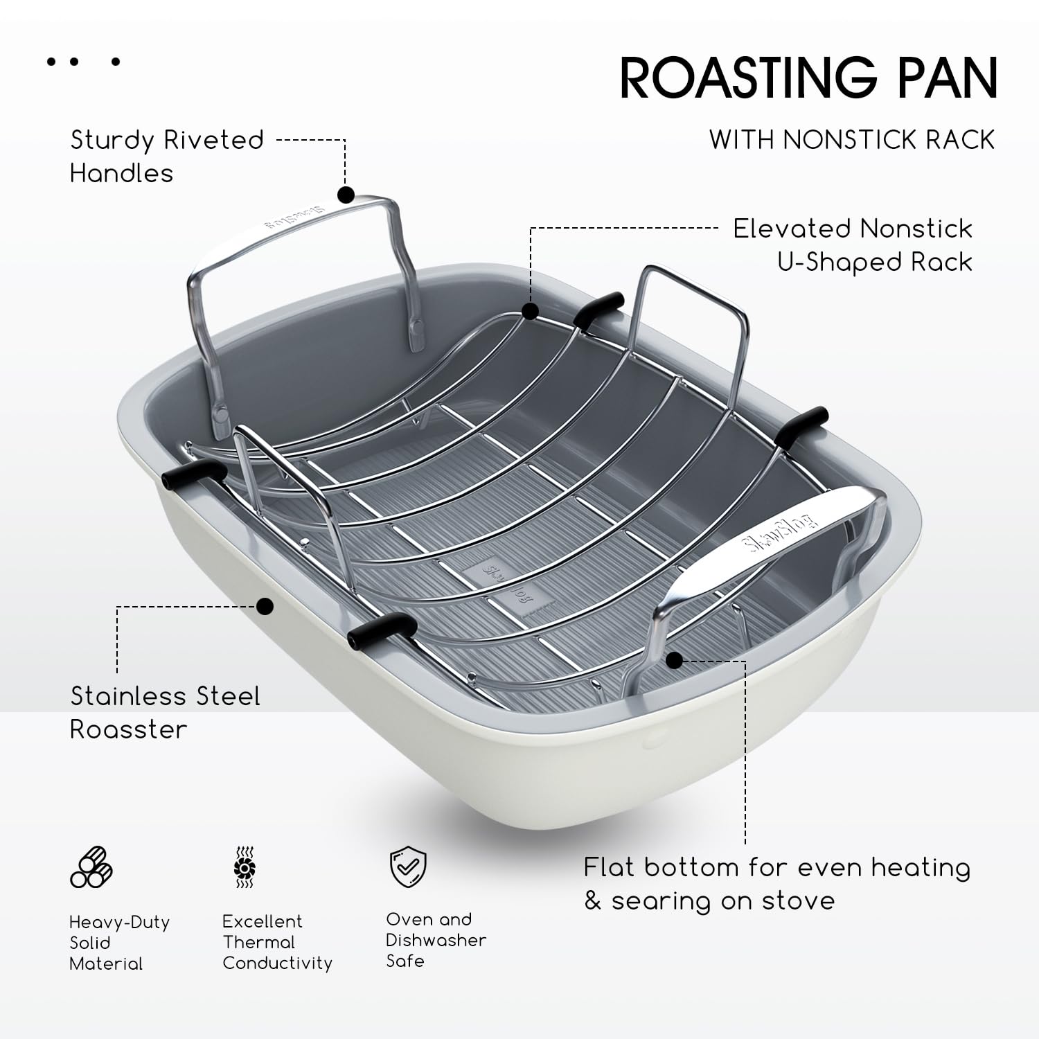 Slow Slog removable rack for roaster pan promotes even heat and drainage.