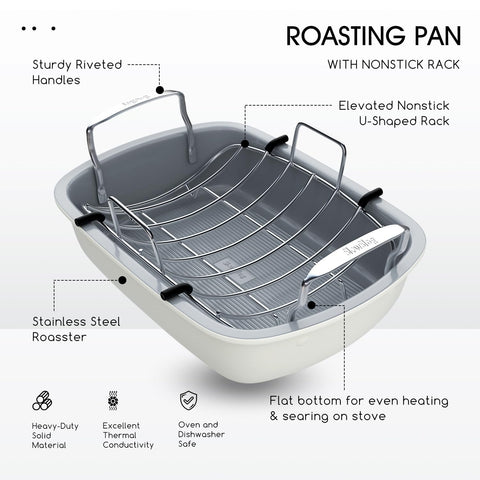 Slow Slog removable rack for roaster pan promotes even heat and drainage.