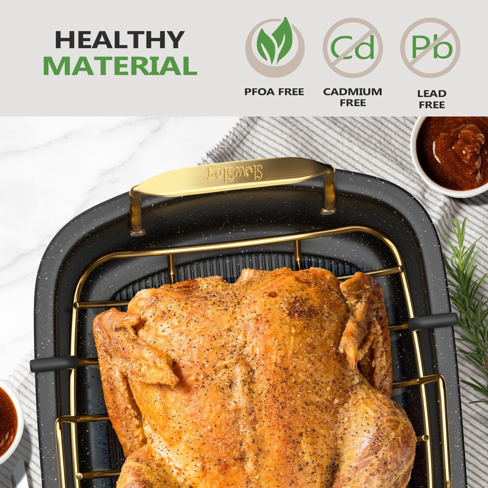 Slow Slog oven-safe roasting pan up to 450°F for versatile cooking.