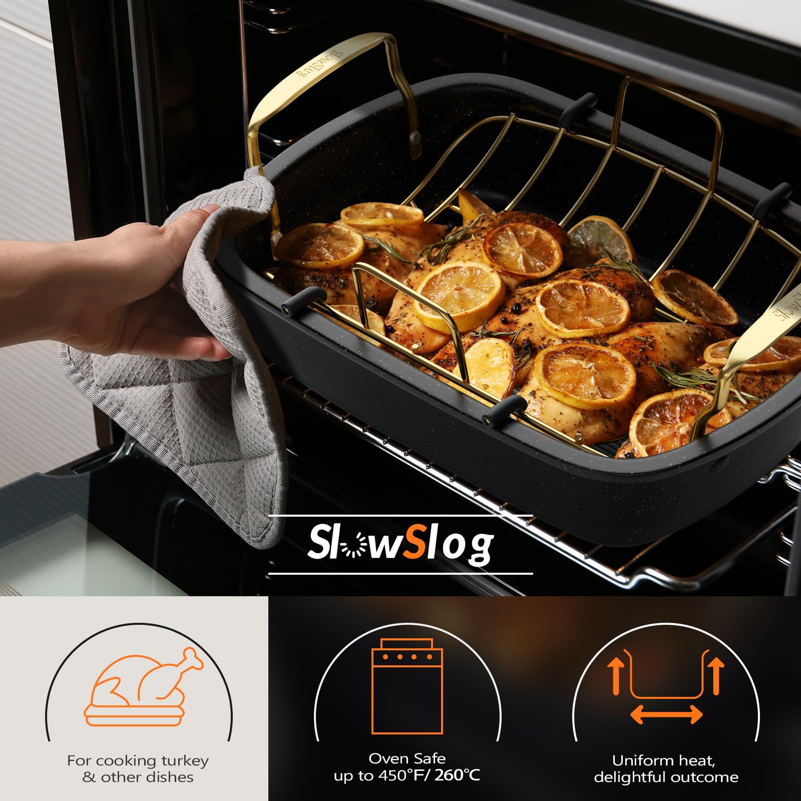 Slow Slog roasting pan with removable rack for even heat distribution.