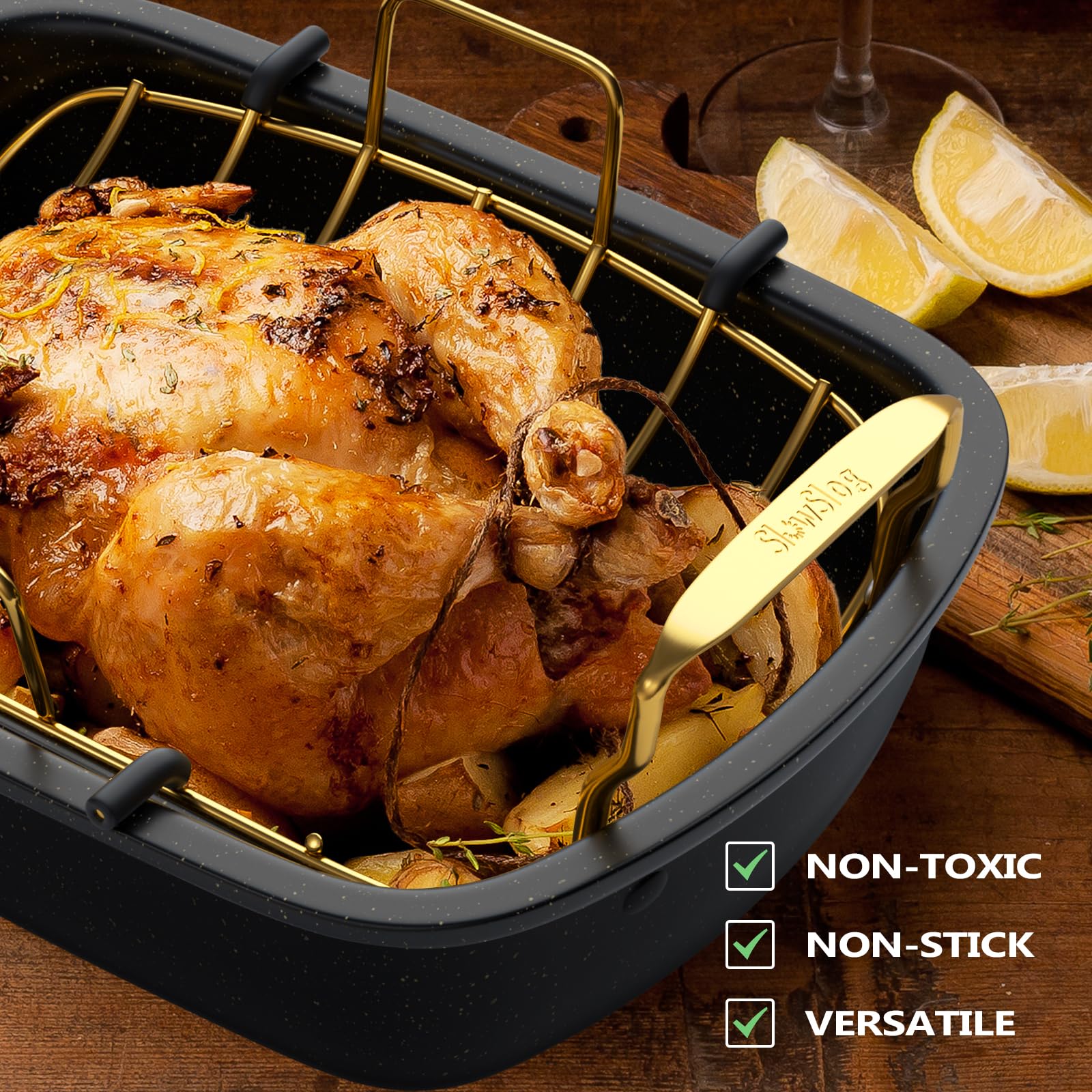 Slow Slog pan features wide handles for stable transfer from oven.