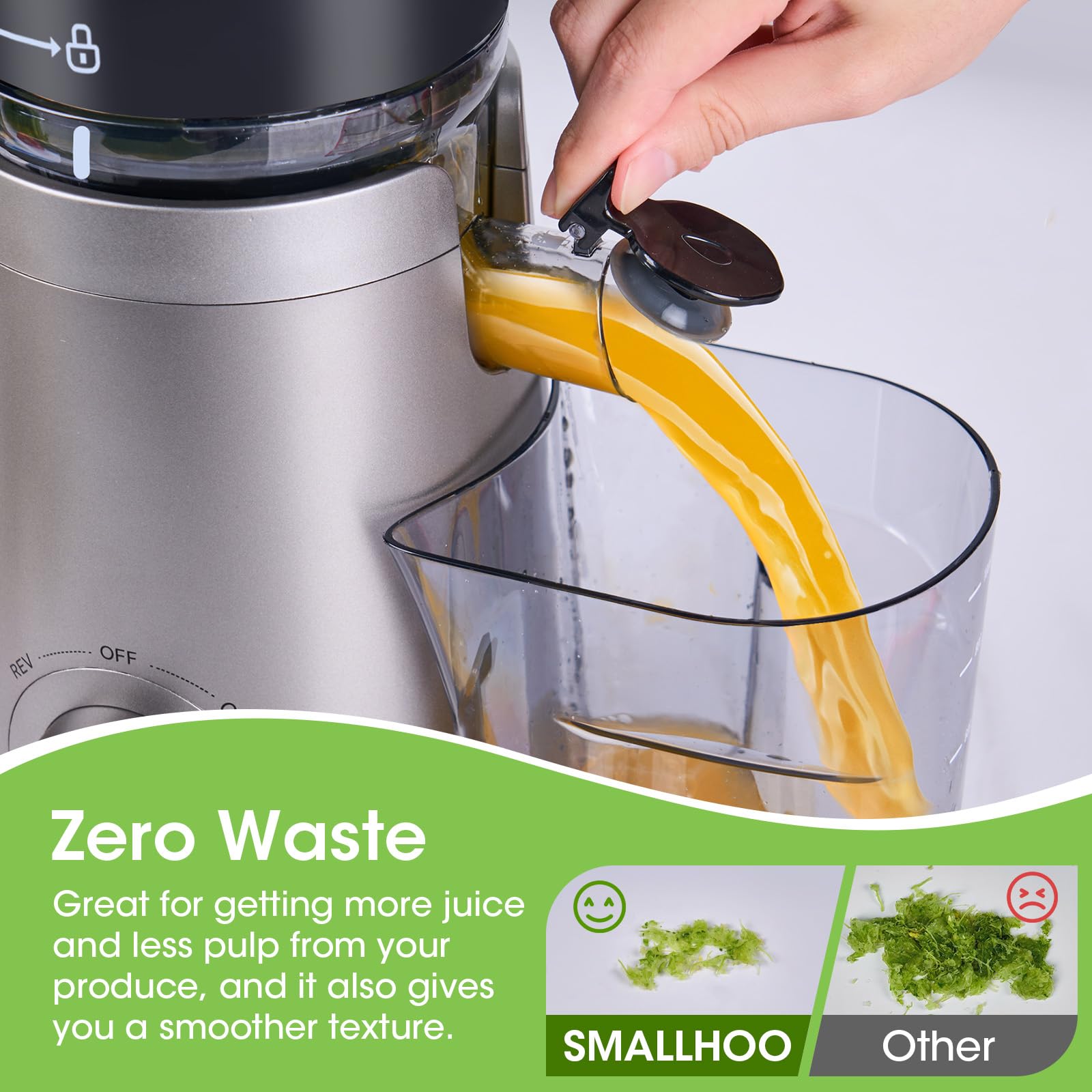 SmallHOO juicer features a 60 oz hopper for multiple servings without refills.