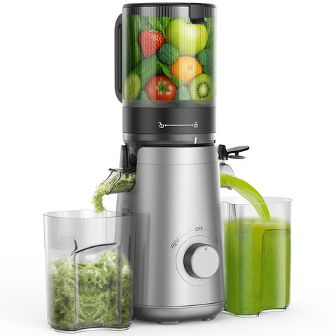 SMALLHOO juicer with five-point-eight-inch feed chute speeds up whole-fruit prep.