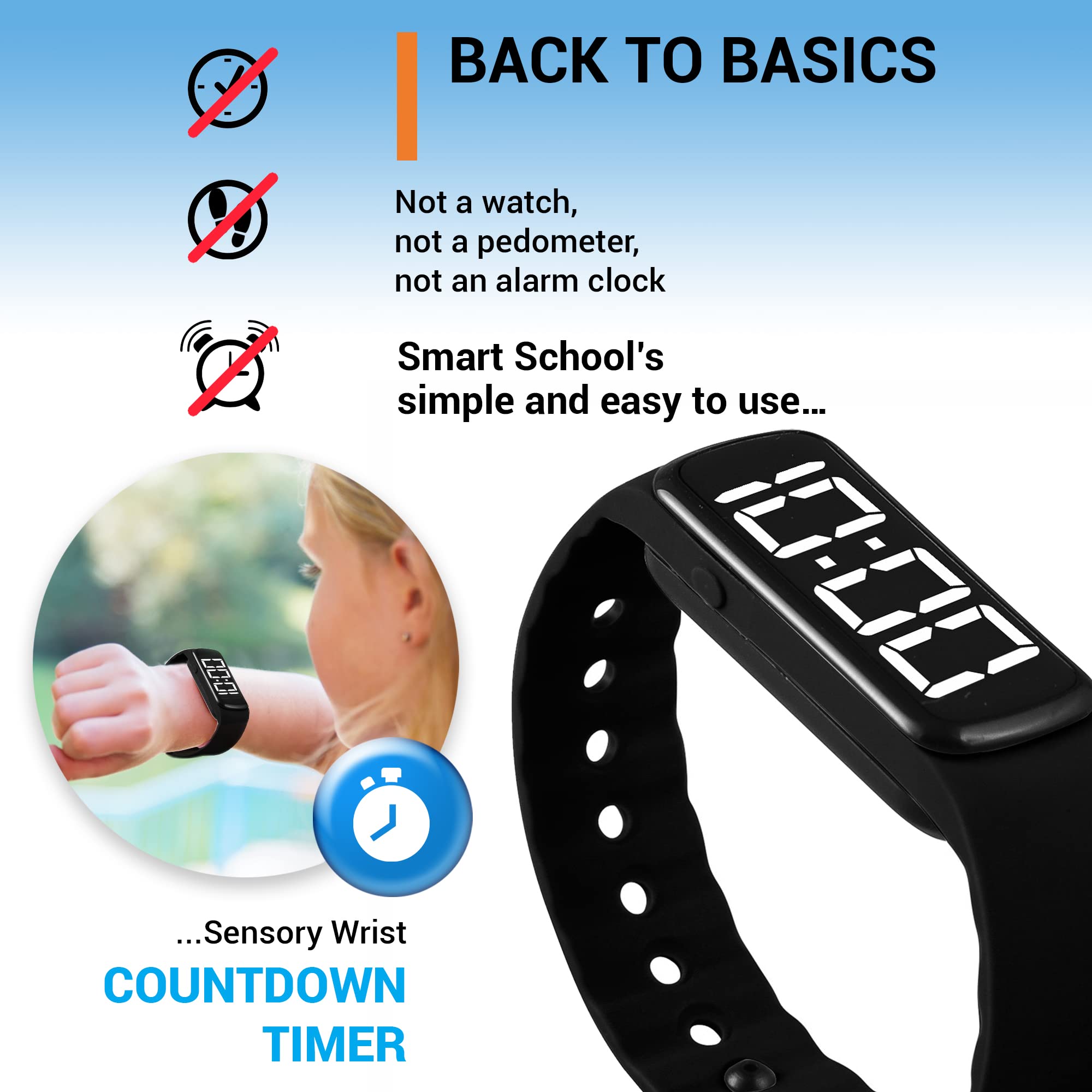 Smart School Sensory Wrist Timer close-up of buttons, one-button setup for quick timing.