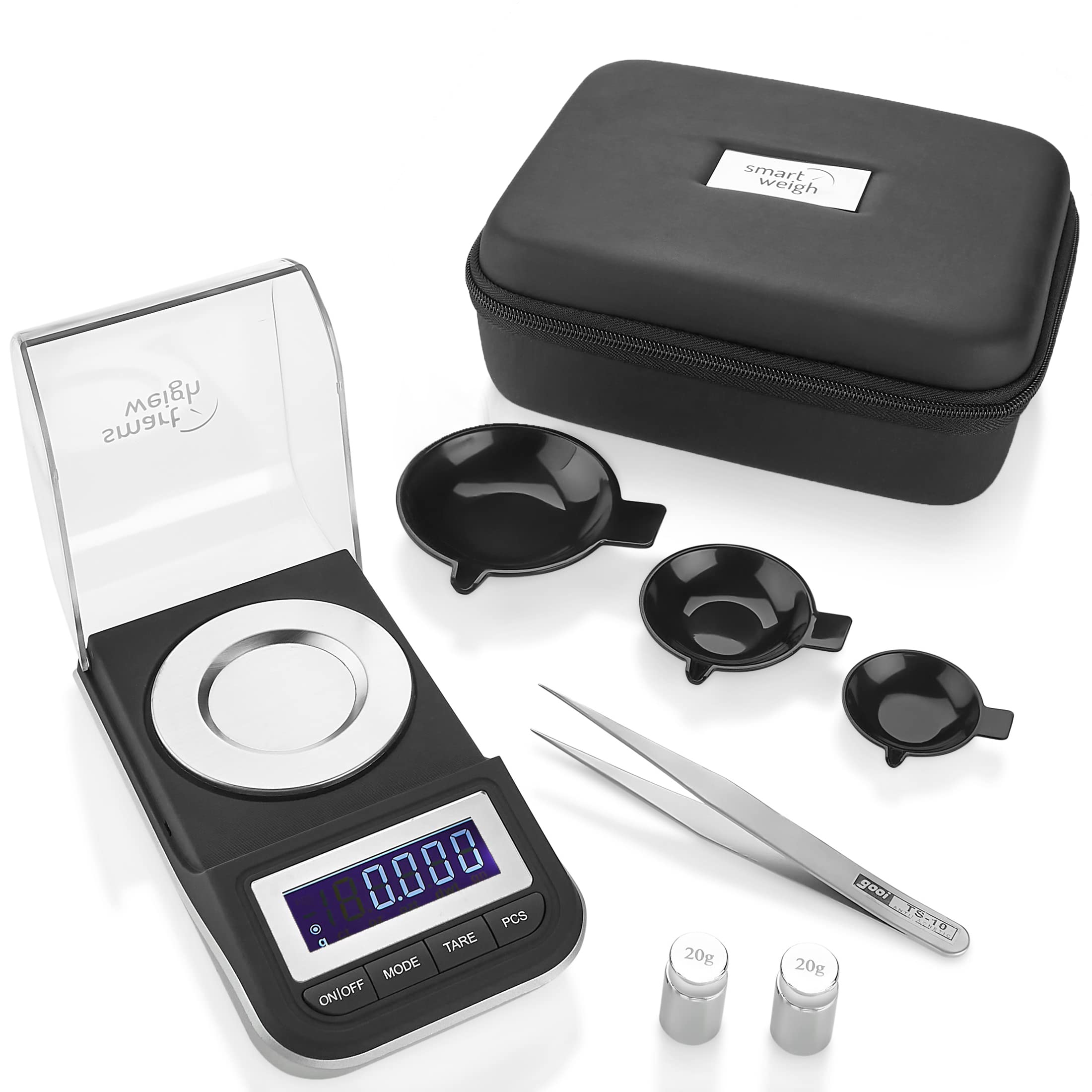 Smart Weigh digital milligram scale display showing precise readings for jewelry.