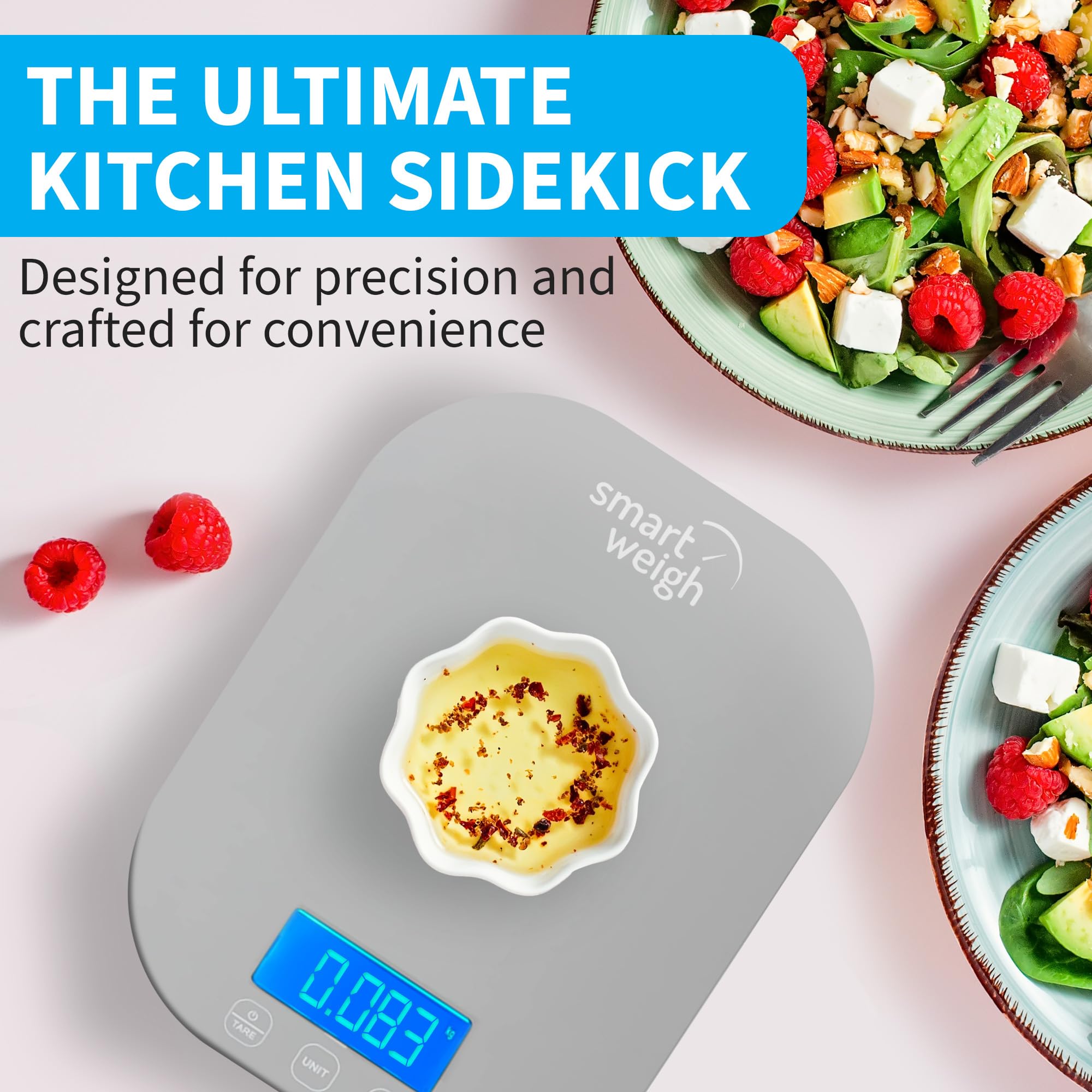 Smart Weigh unit conversion feature shows grams, ounces, milliliters, and more