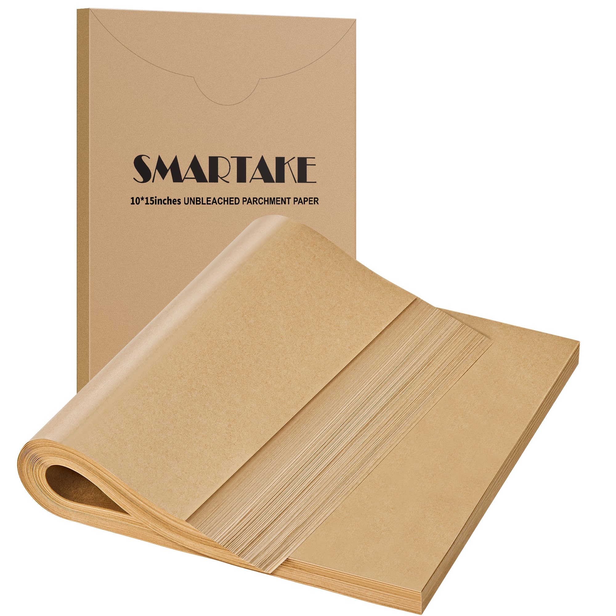 SMARTAKE parchment sheets, pre-cut and flat, ready for quick baking on a 10x15 tray