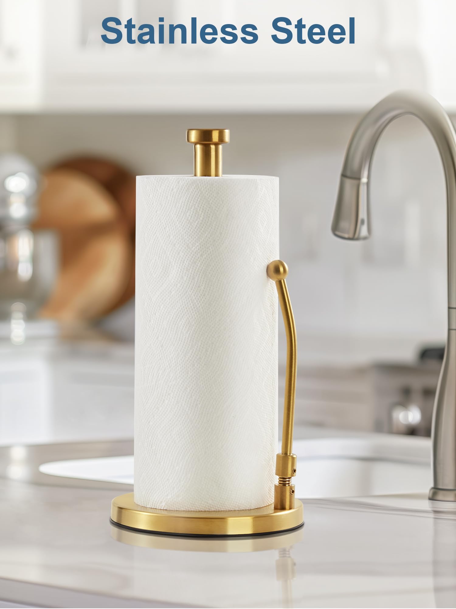 SMARTAKE paper towel holder spring arm applies steady pressure for clean tearing.