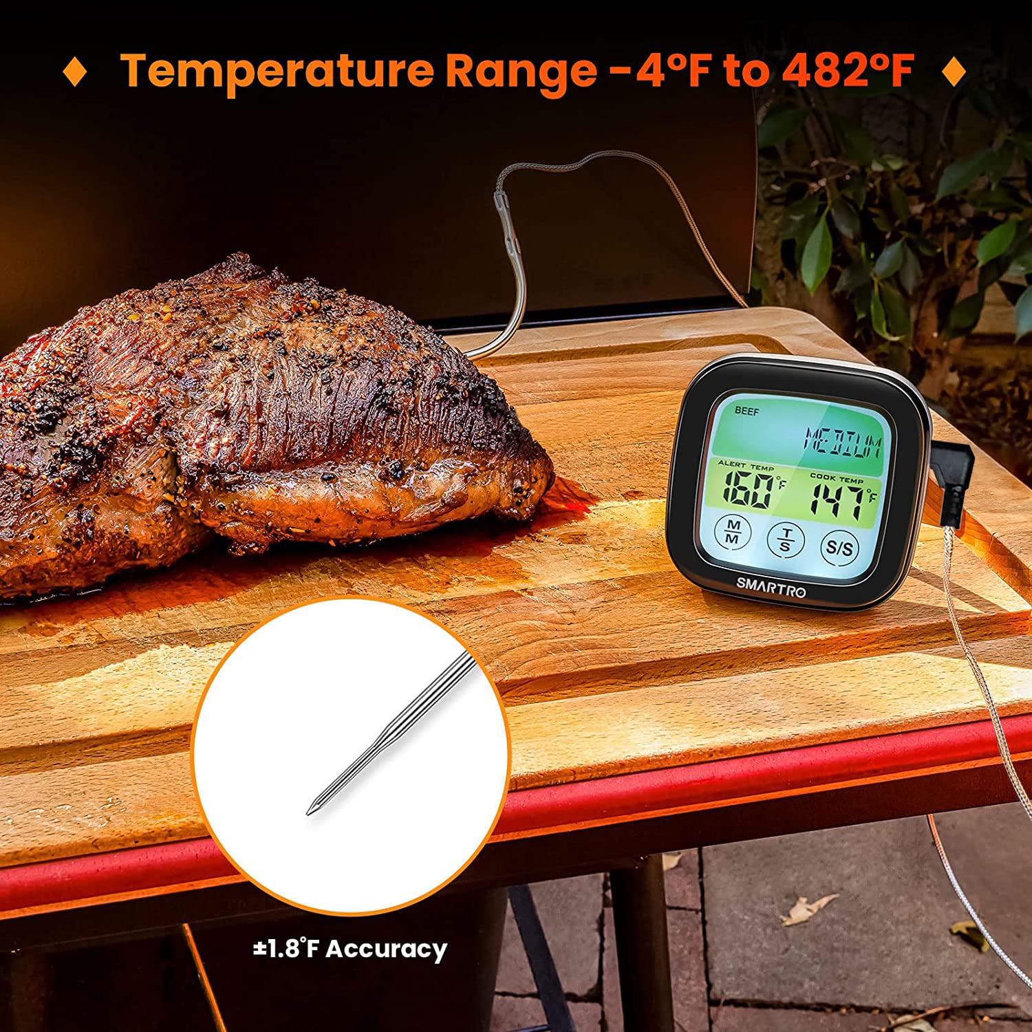 SMARTRO ST59 6.7-inch probe and wide range support grilling and roasting.
