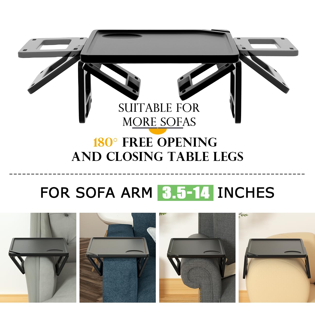 Smatdecis couch arm tray table black-finish blends with decor.