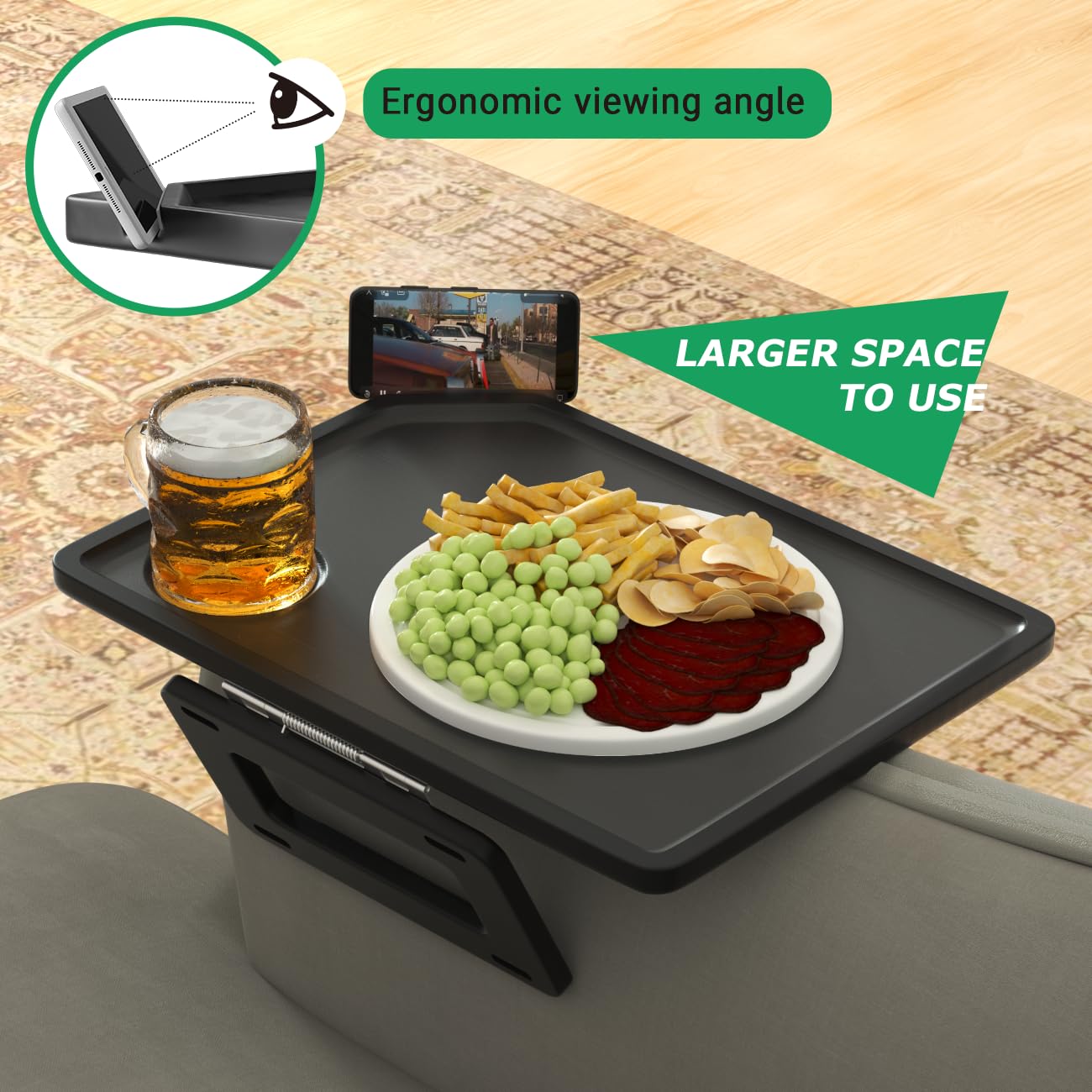Smatdecis couch arm tray table clip-on-design keeps items within reach.