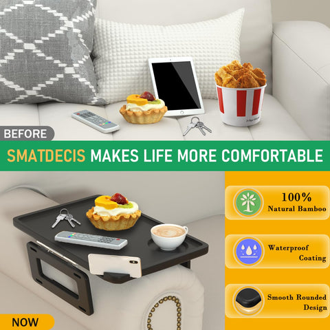 Smatdecis couch arm tray table folding-legs save space when not in use.
