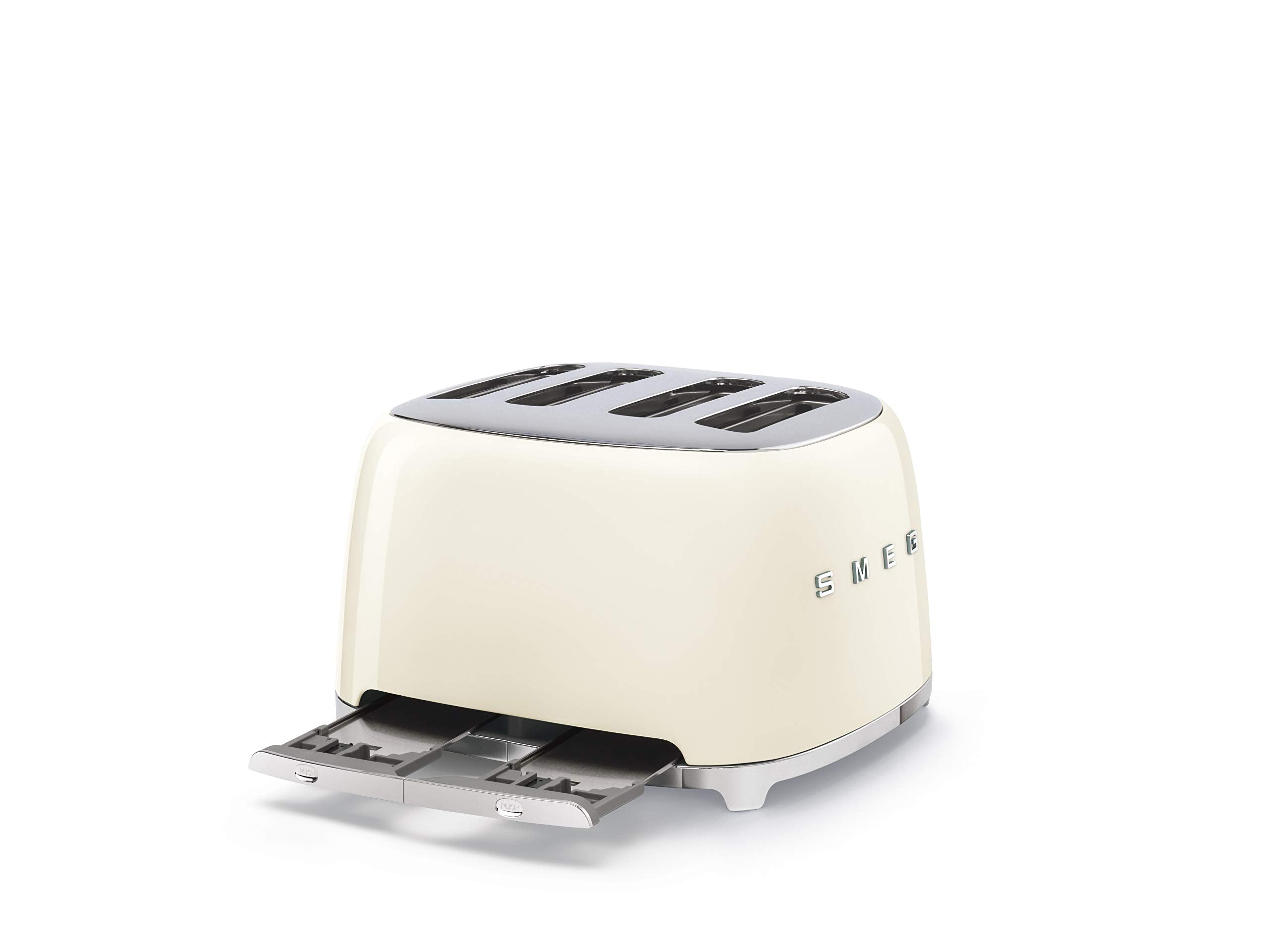 Smeg 50s Style Cream Toaster removable crumb tray simplifies cleanup.