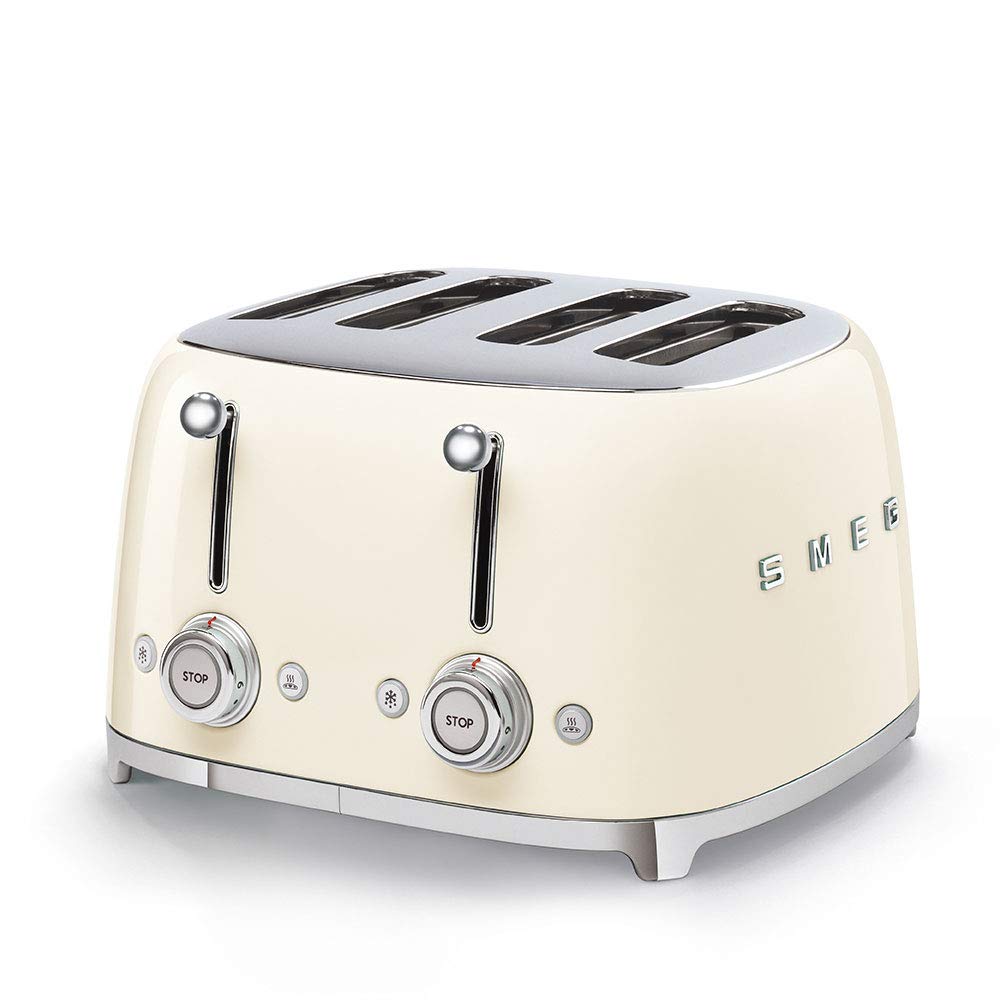 Smeg 50s Style Cream Toaster front view highlights four wide slots for thick slices.