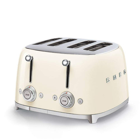 Smeg 50s Style Cream Toaster front view highlights four wide slots for thick slices.