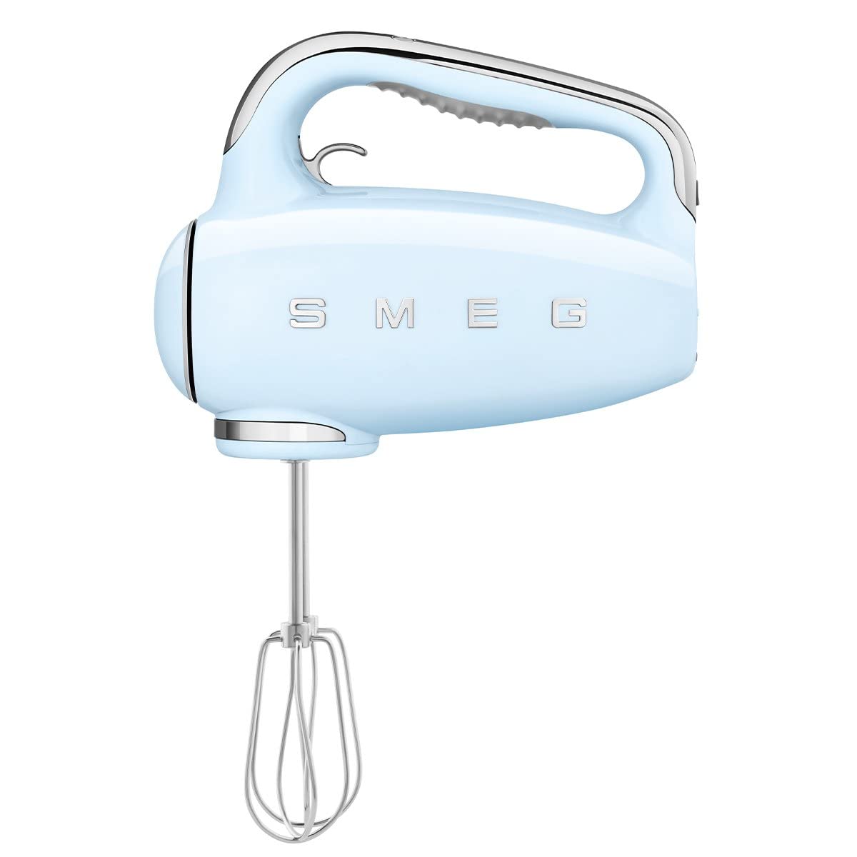 Smeg pastel blue 50s hand mixer front view shows retro styling and sturdy build