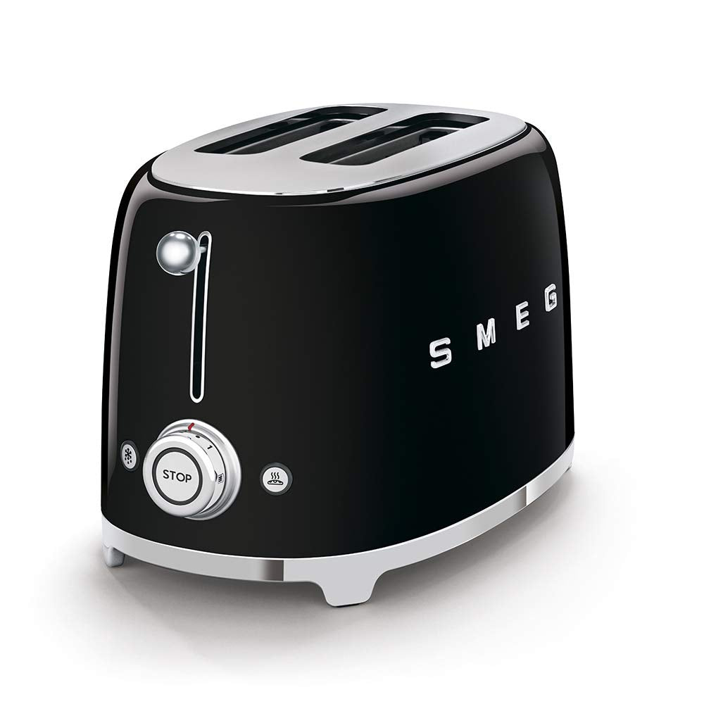 Smeg TSF01 toaster front view showcases compact footprint with retro charm.