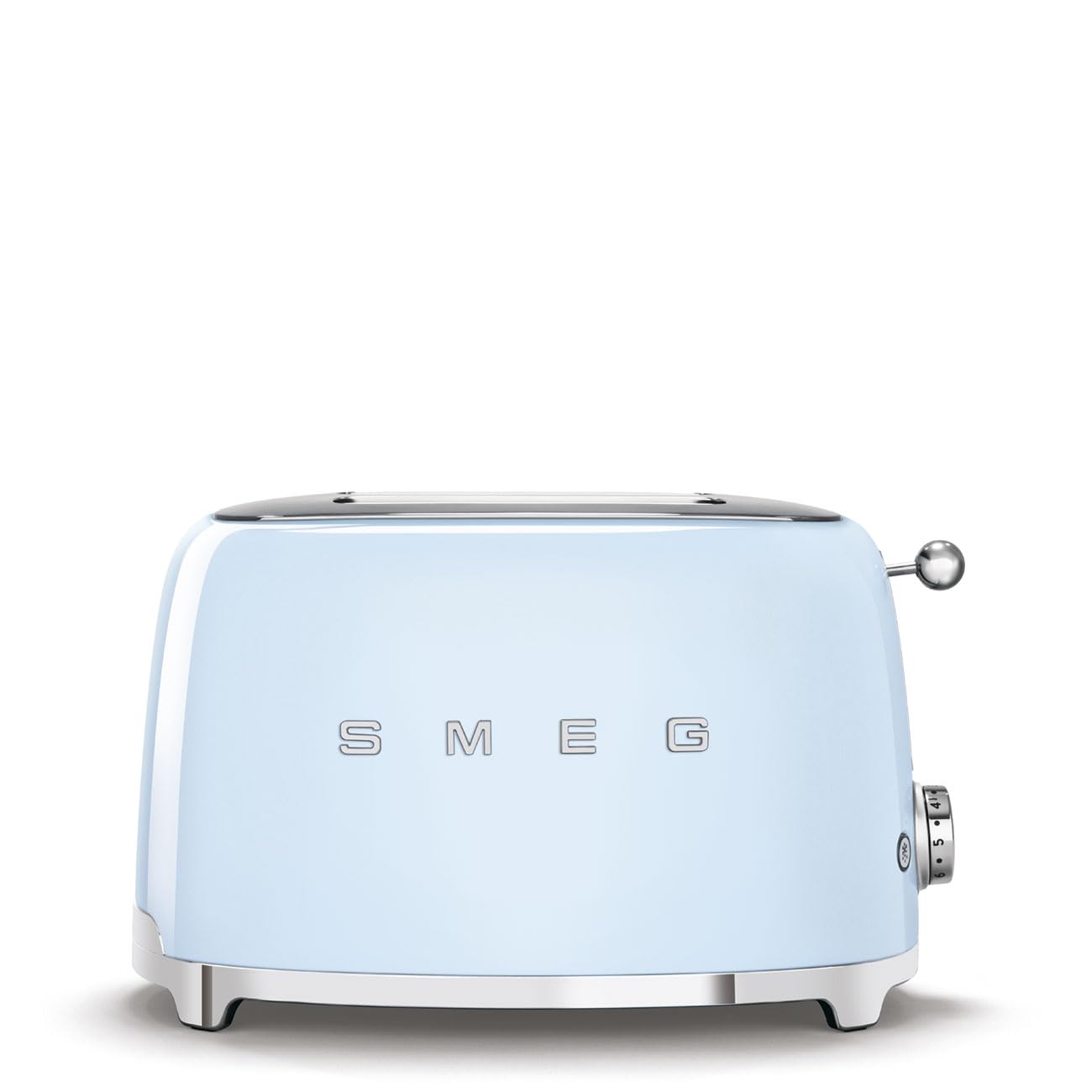 Smeg TSF01PBUS toaster front view highlighting retro design and compact footprint.
