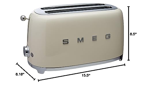 Smeg TSF02 cream toaster with chrome lever and removable crumb tray for easy cleanup.