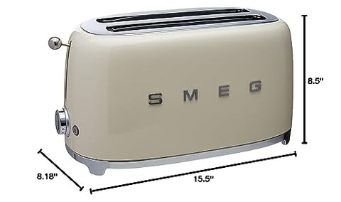 Smeg TSF02 cream toaster with chrome lever and removable crumb tray for easy cleanup.