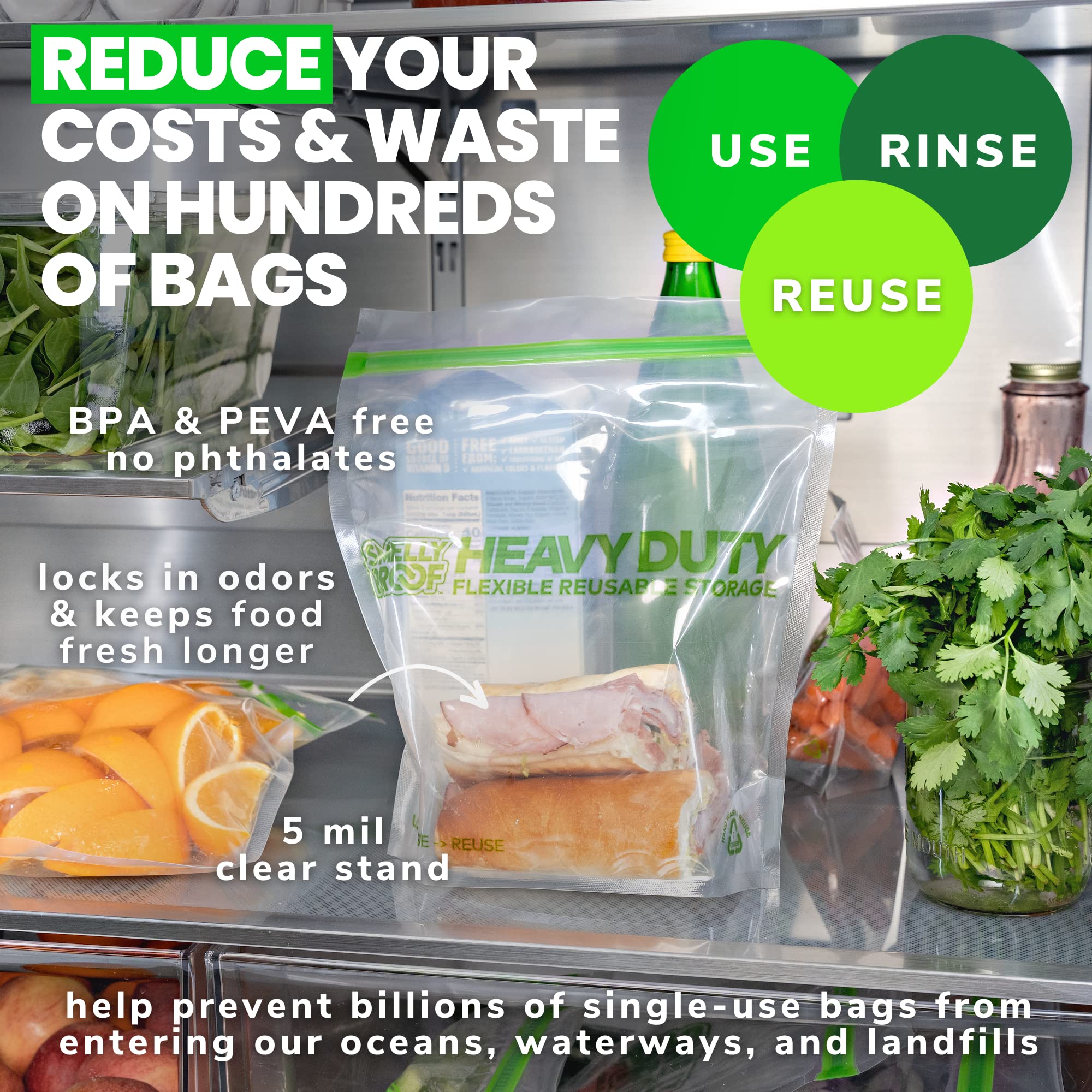 Smelly Proof reusable dishwasher-safe freezer bags for easy cleanup.