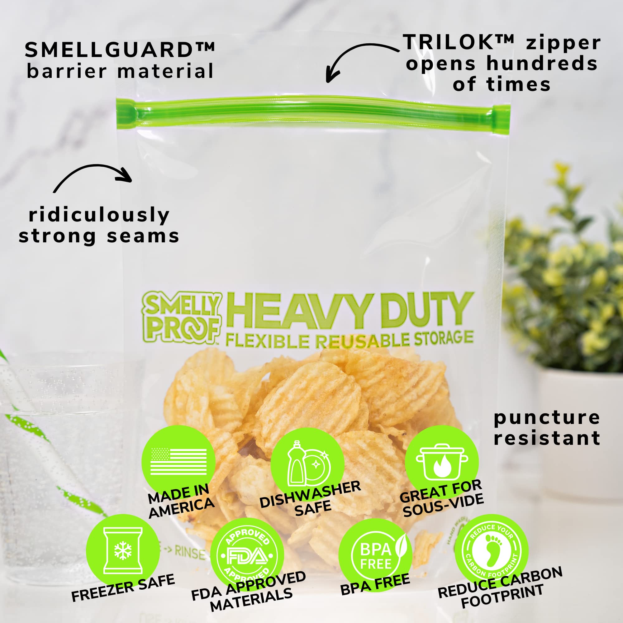 Smelly Proof puncture-resistant freezer bags keep contents secure.