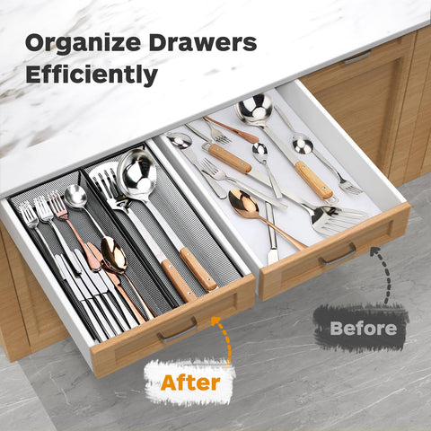 Smgmg Silverware Drawer Organizer non-slip feet prevent sliding.