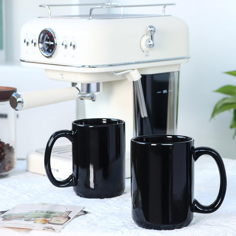 Smilatte black porcelain mug stacked to save cabinet space.