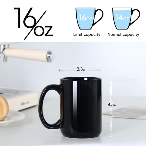 Smilatte 16oz mug in black shown with tea and coffee options.
