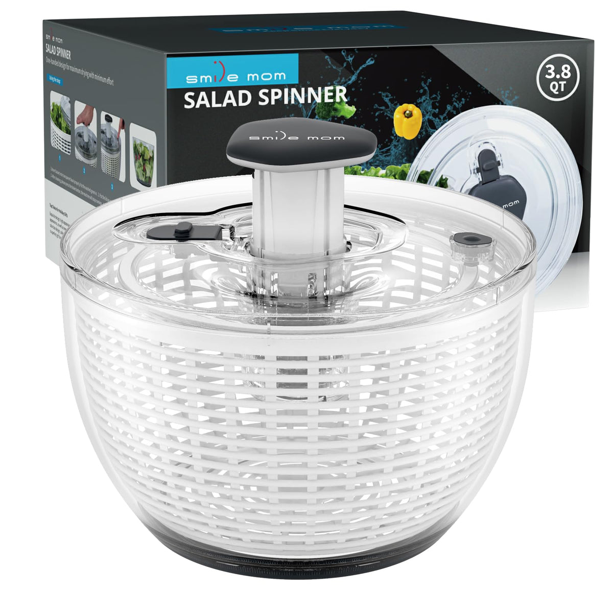 Smile mom three-point-eight-quart salad spinner top view shows ample drying space