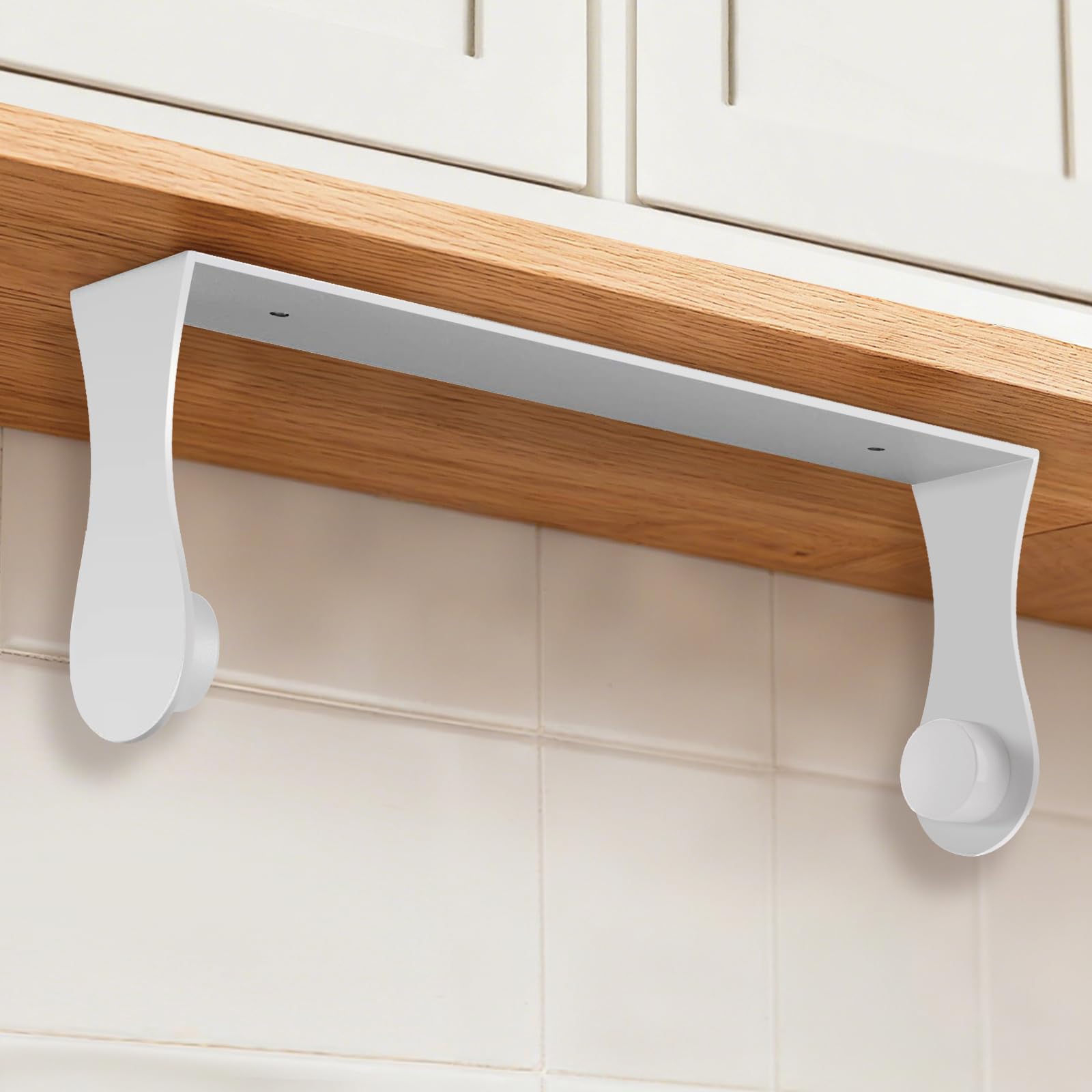 Smipam paper towel holder under cabinet with adhesive wall mount for clutter-free kitchen.