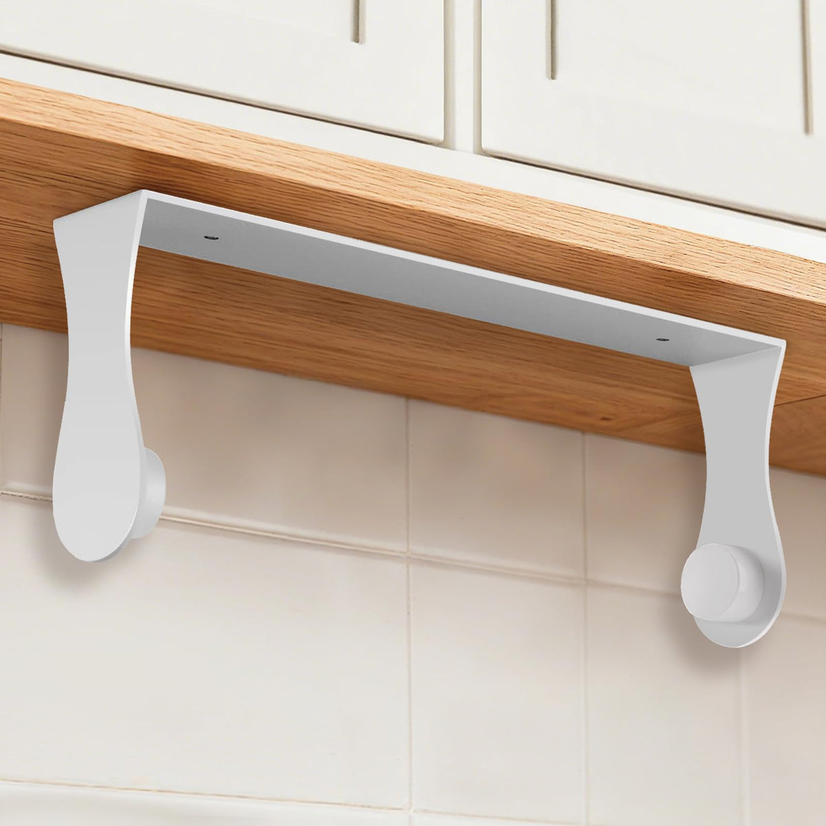 Smipam paper towel holder under cabinet with adhesive wall mount for clutter-free kitchen.