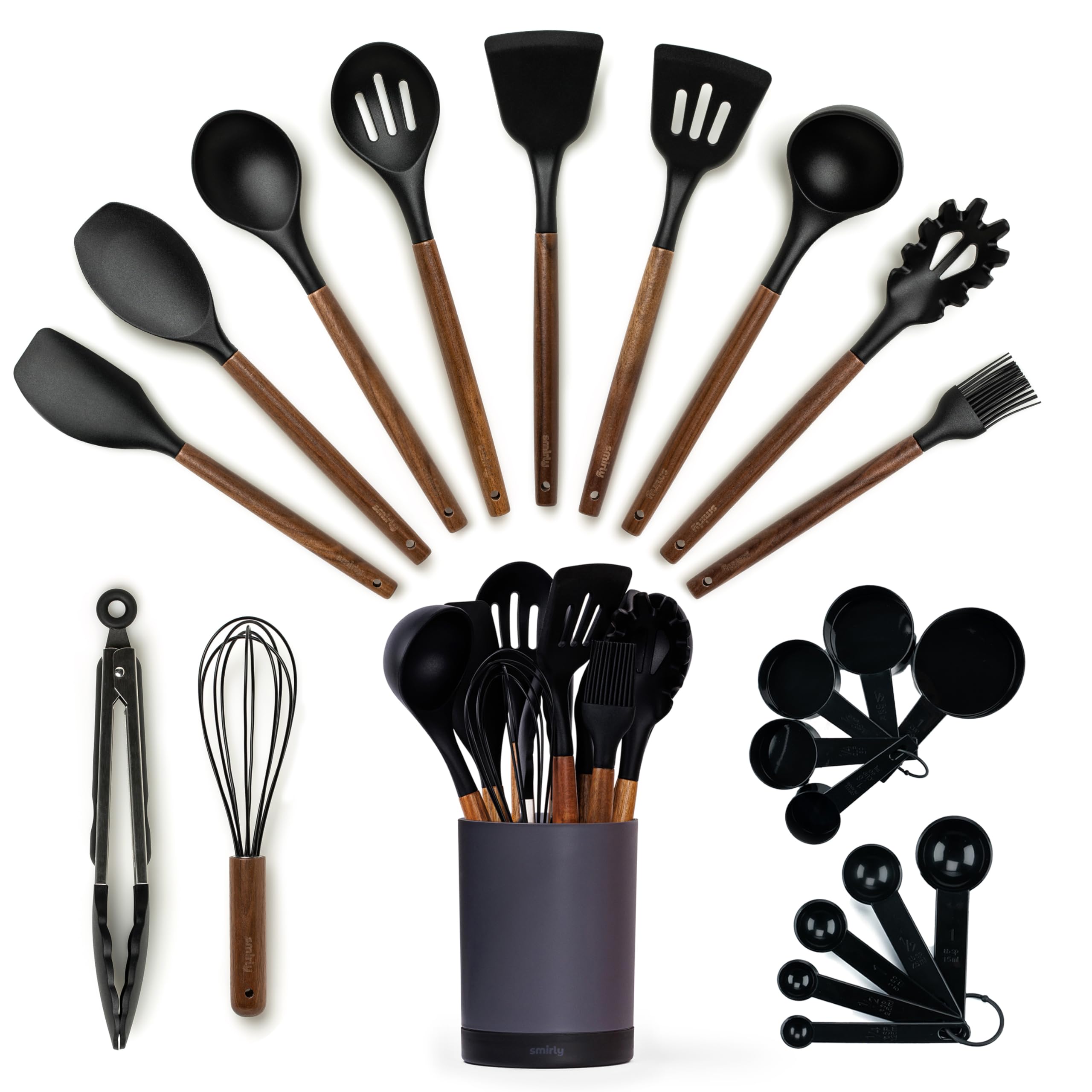 SMIRLY 22-piece silicone utensils set with wooden handles for nonstick cookware