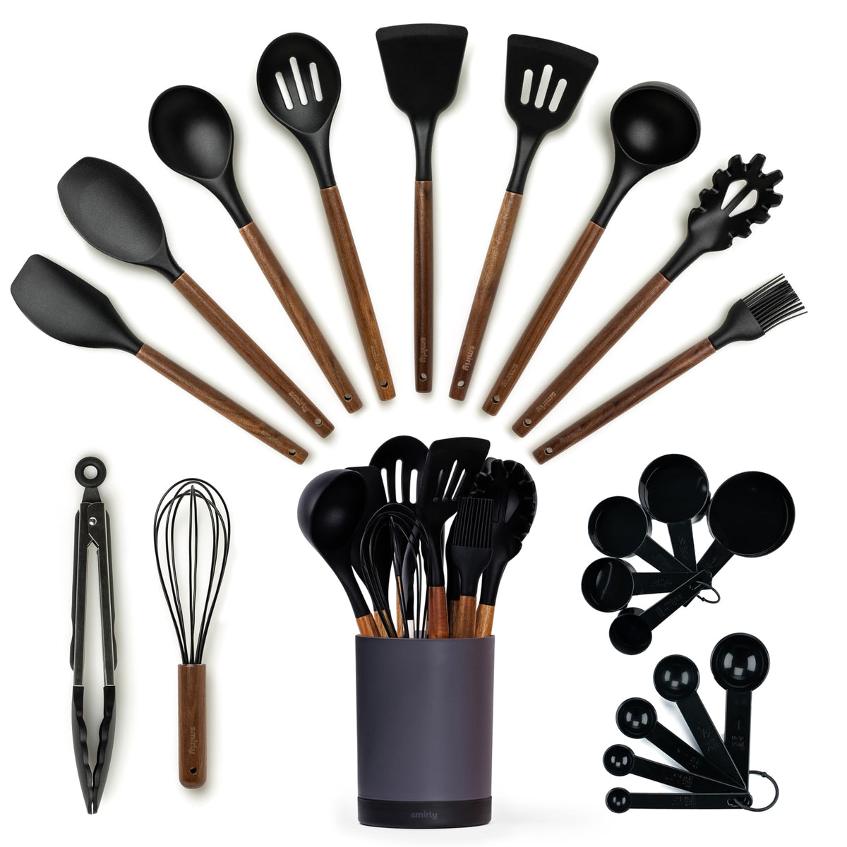 SMIRLY 22-piece silicone utensils set with wooden handles for nonstick cookware