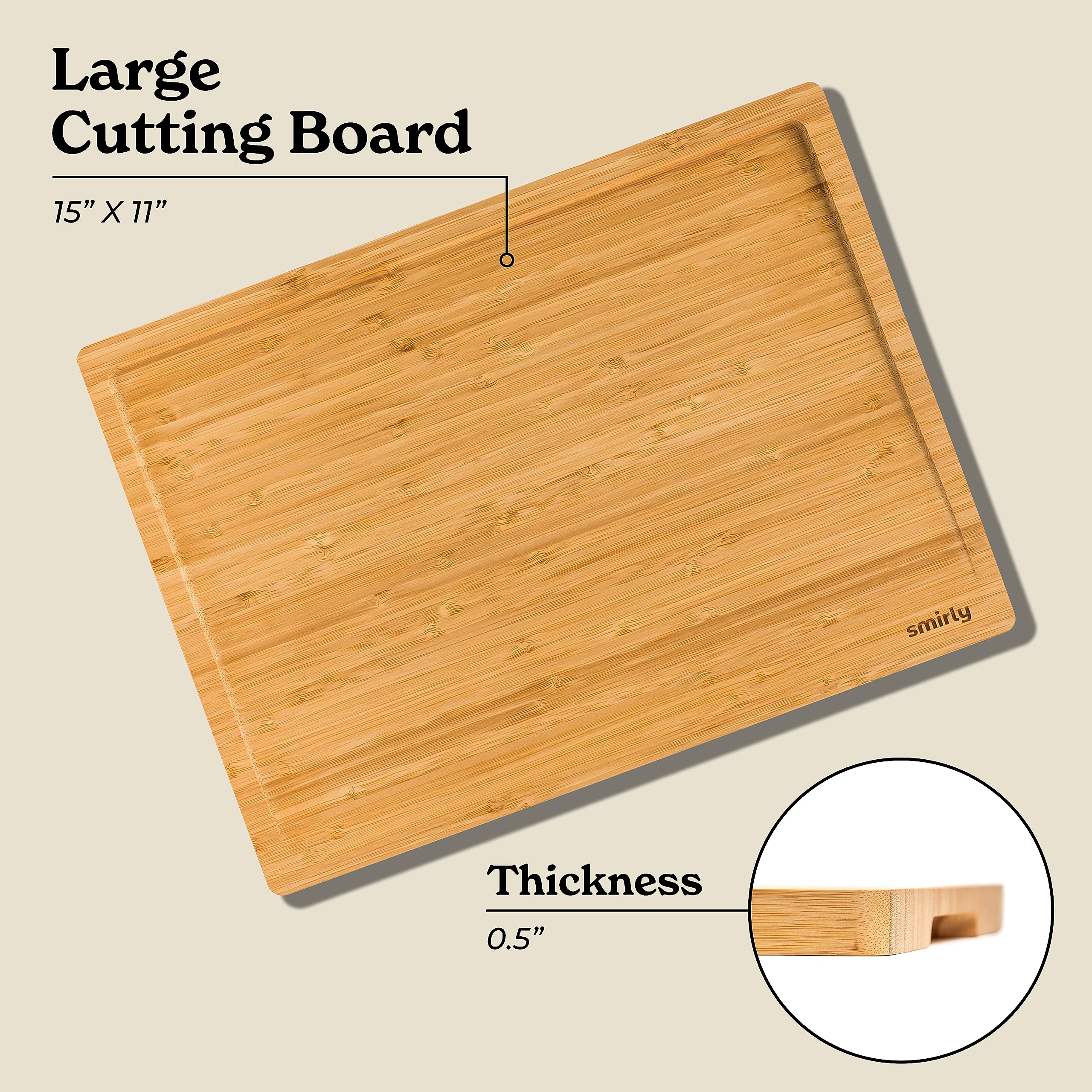 SMIRLY bamboo cutting board with non-slip feet keeps prep steady.