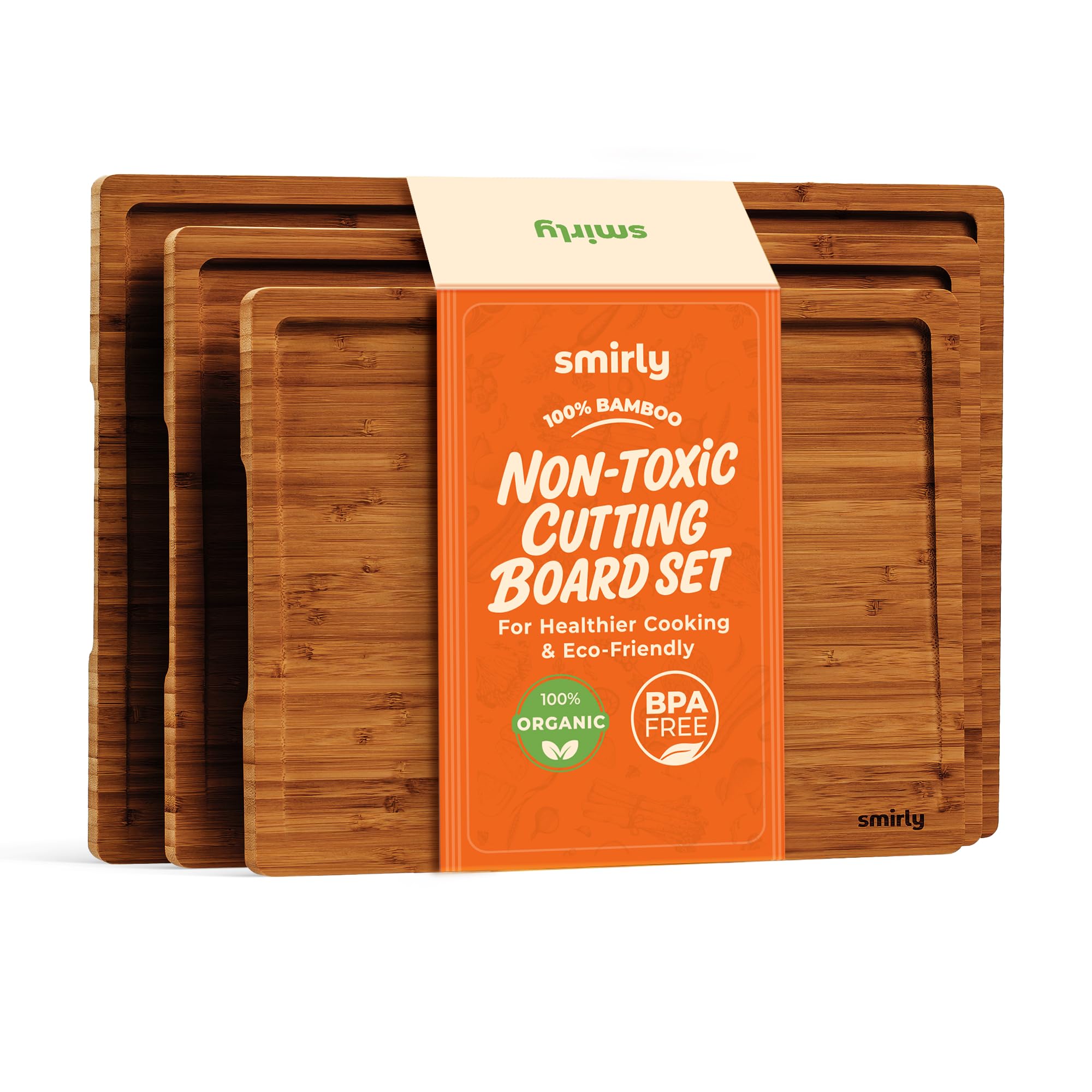 SMIRLY bamboo cutting-board set with deep-juice-grooves for mess-free meat prep.