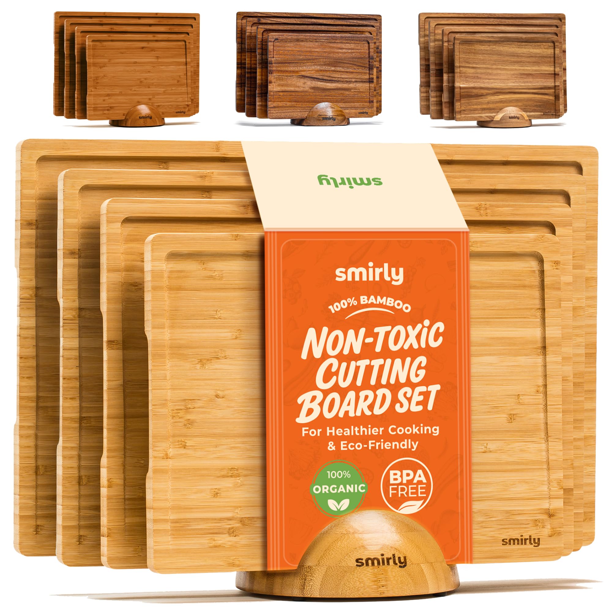 SMIRLY bamboo cutting board set with holder for organized kitchen prep.