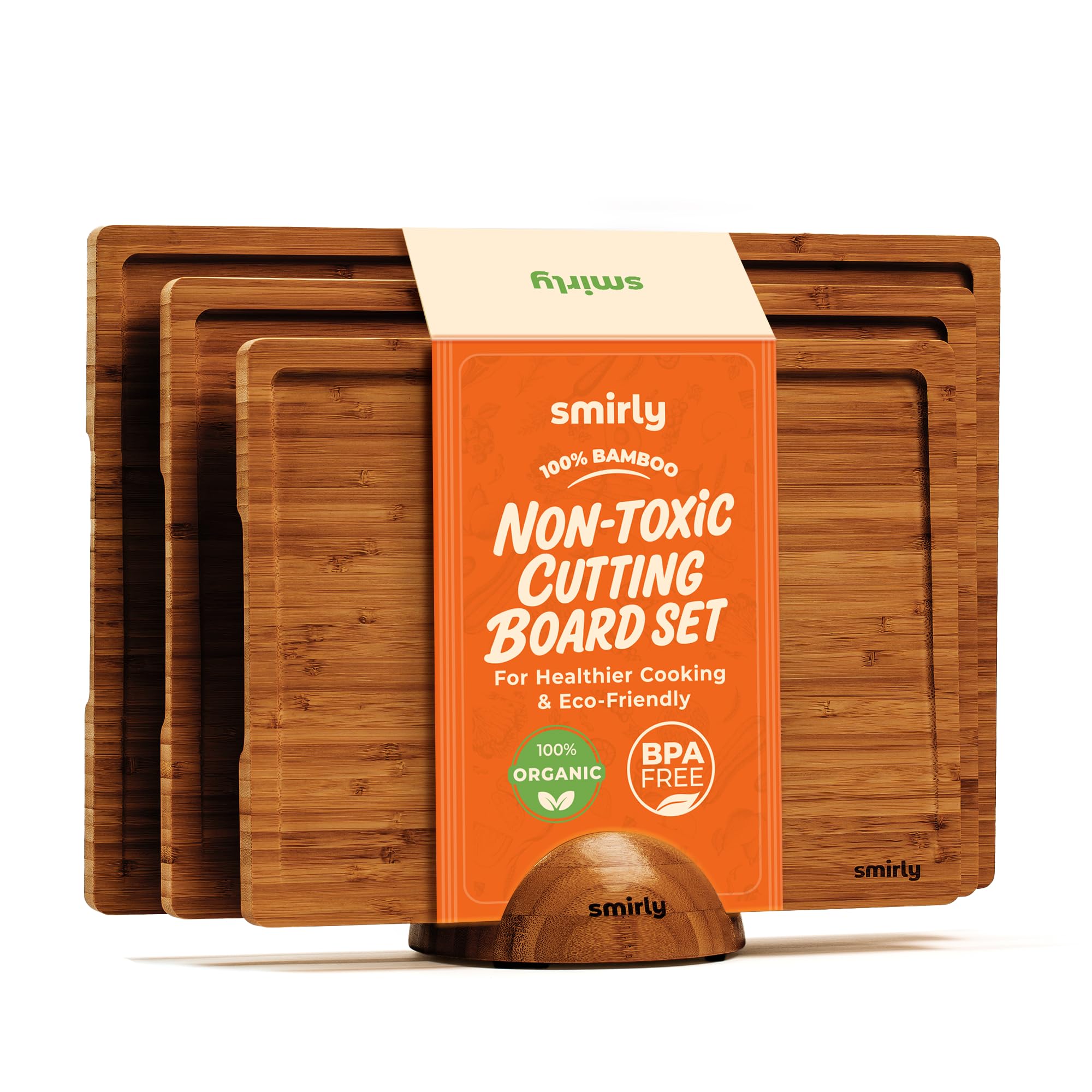 Smirly bamboo cutting boards set with reversible surfaces for versatile prep.