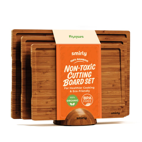 Smirly bamboo cutting boards set with reversible surfaces for versatile prep.