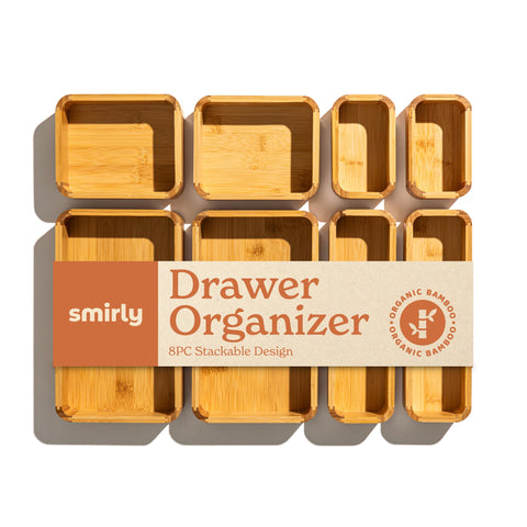 SMIRLY bamboo drawer organizer 8-piece set keeps utensil drawers tidy with flexible layout options.