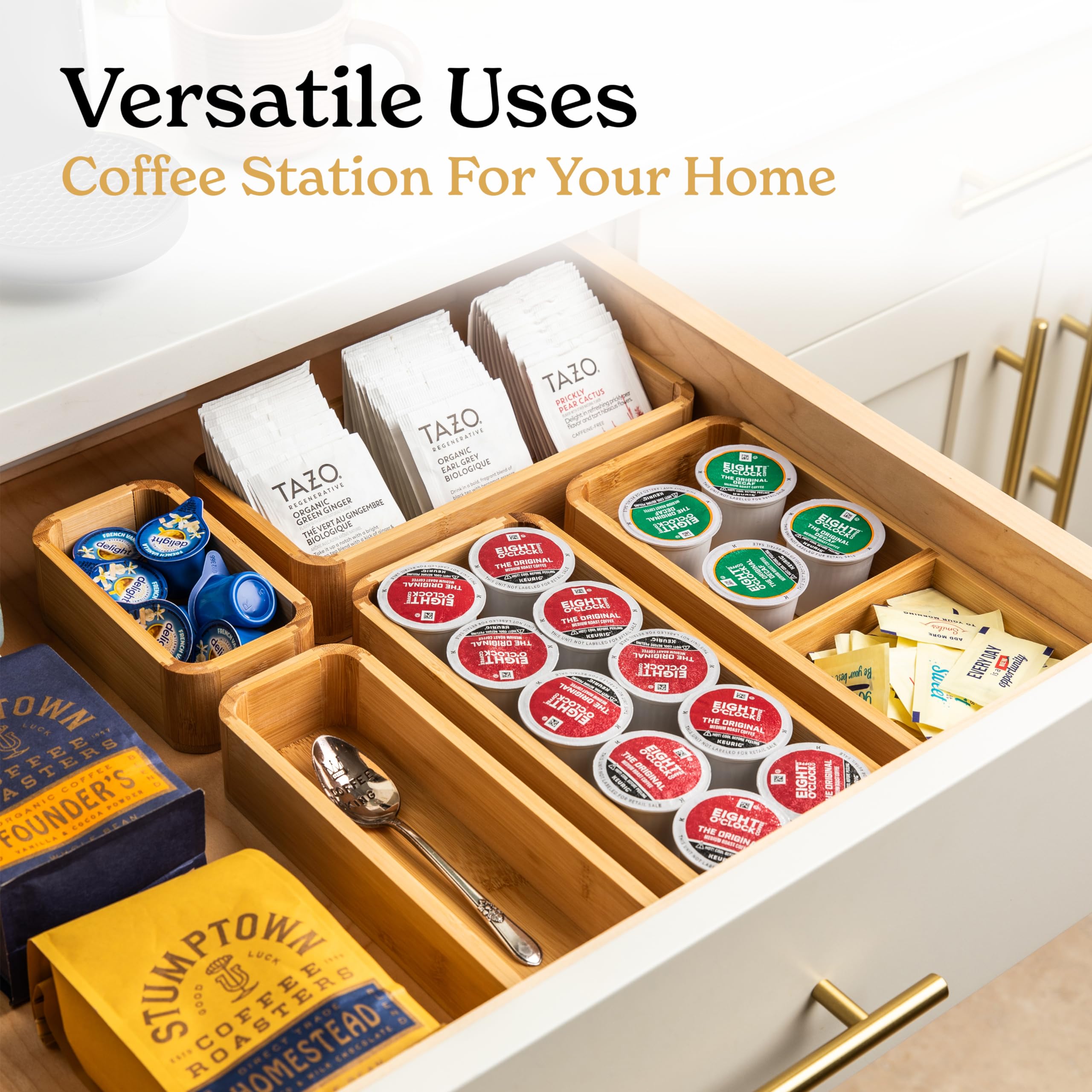 SMIRLY bamboo set with flexible layout to fit various drawer sizes.