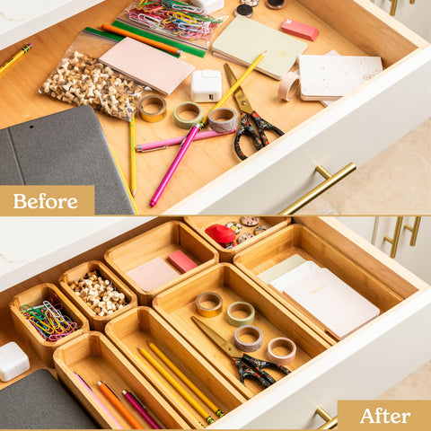 SMIRLY bamboo kitchen drawer organizer adds warmth and order to any workspace.