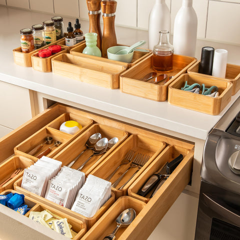 SMIRLY bamboo bathroom makeup storage tray keeps vanity essentials neatly organized.