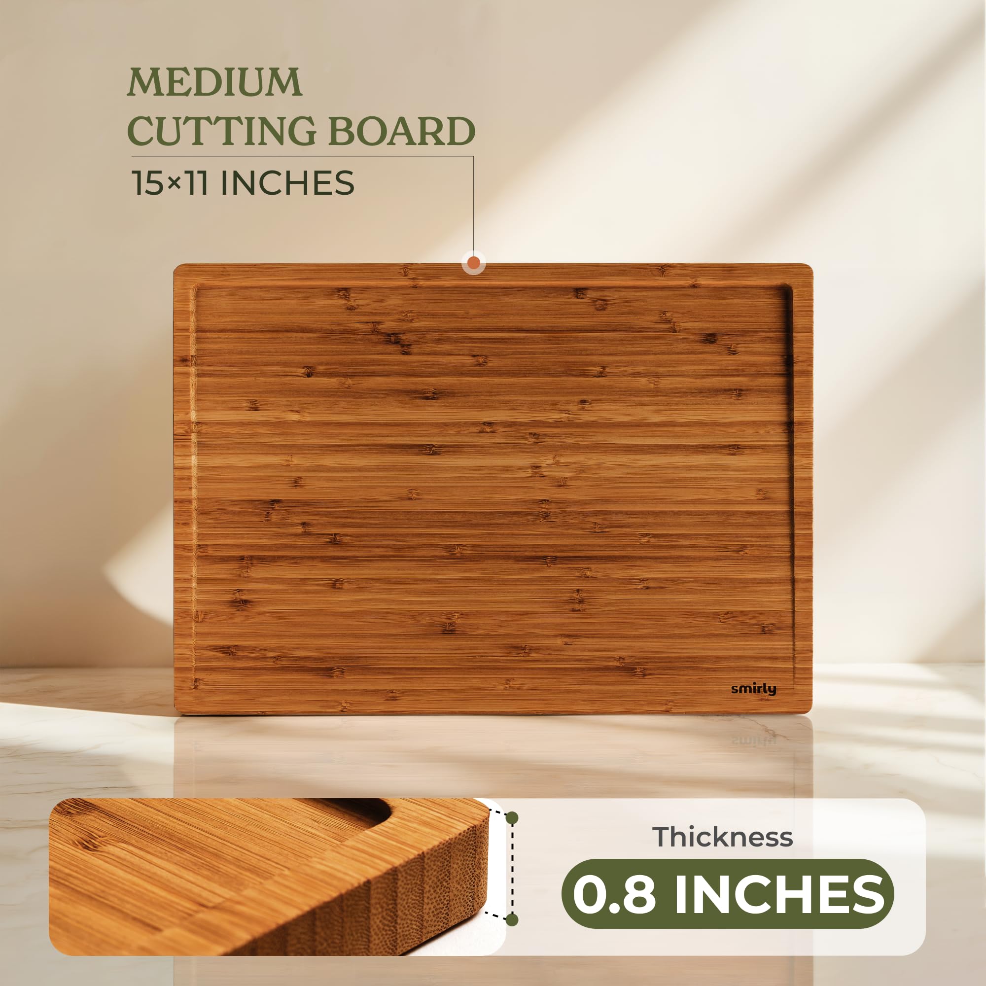 SMIRLY brown bamboo board features fire-burning finish for warmth.