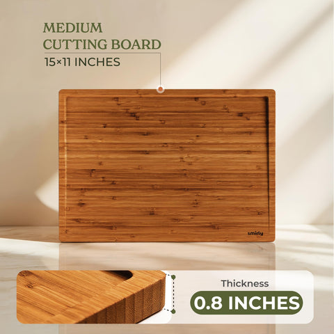 SMIRLY brown bamboo board features fire-burning finish for warmth.