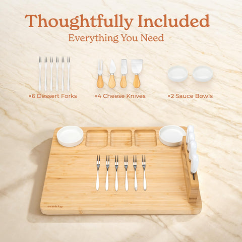 Smirly bamboo tray complements the board for cohesive serving display.