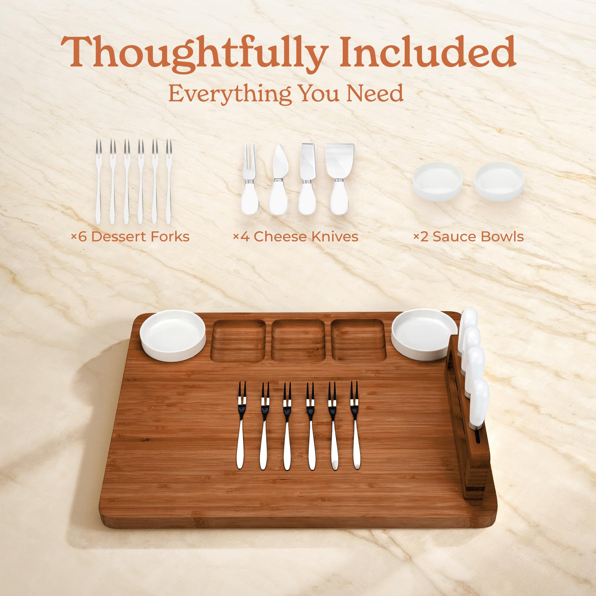 SMIRLY charcuterie board showcasing four upright cheese knives