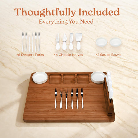 SMIRLY charcuterie board showcasing four upright cheese knives