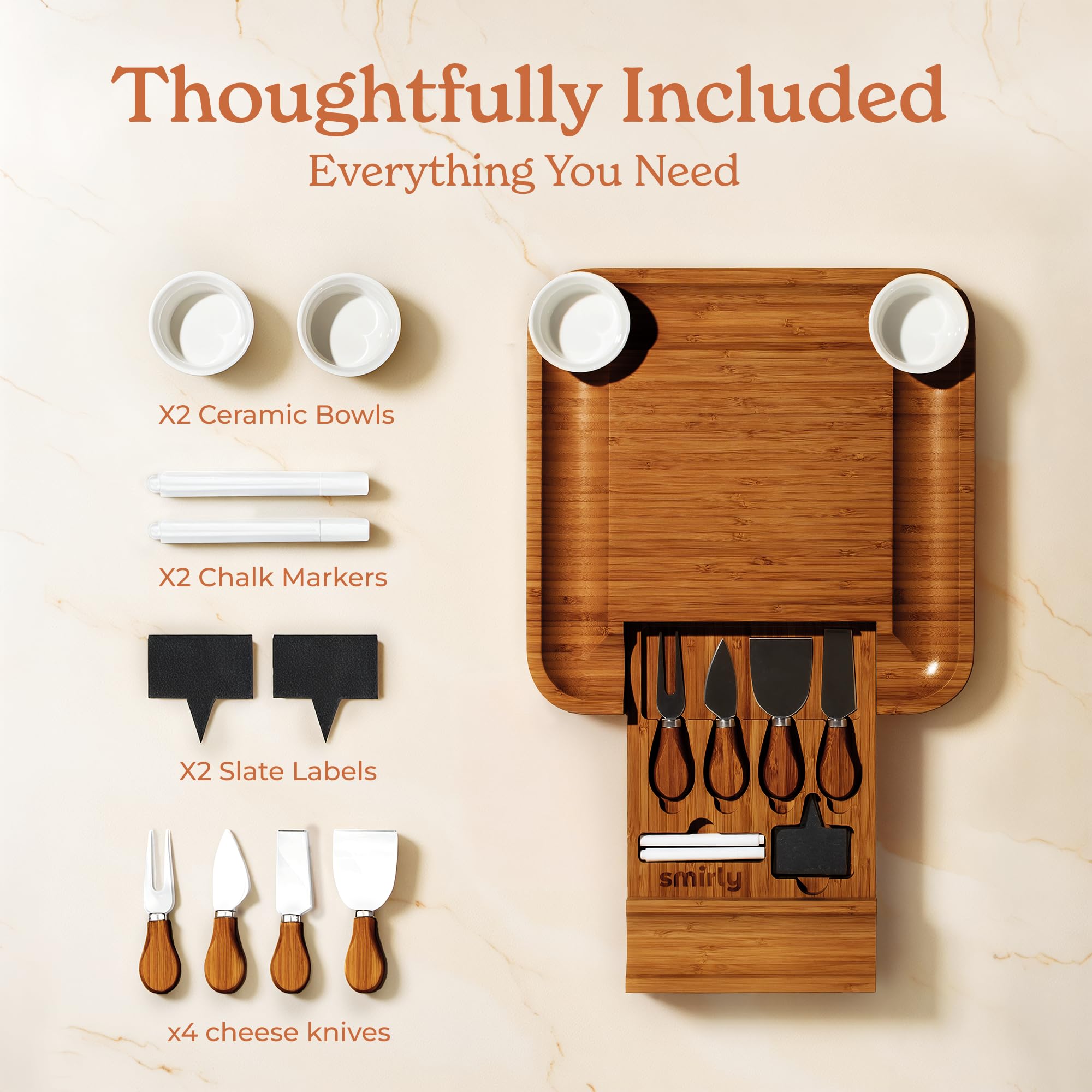 SMIRLY Charcuterie Board grooves for bread—keeps slices neatly separated for serving.