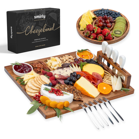 SMIRLY large acacia charcuterie board front view highlighting rich wood grain for elegant entertaining